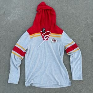 Kansas City Chiefs NFL Football Red and Gray Lace Up Neck Hoodie Sweatshirt LG